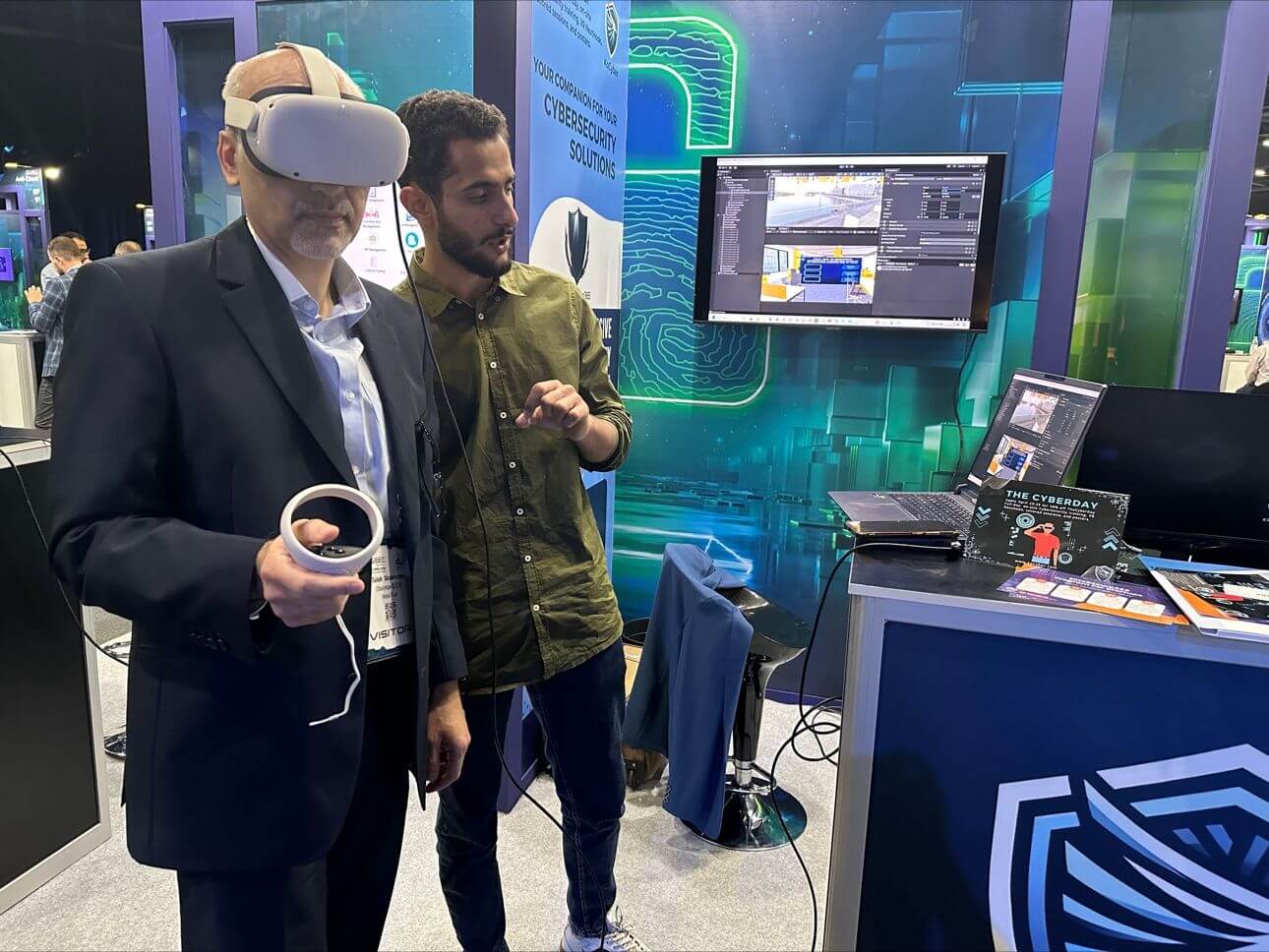 A visitor trying the VR cybersecurity training game on Meta Quest at GISEC Global 2024