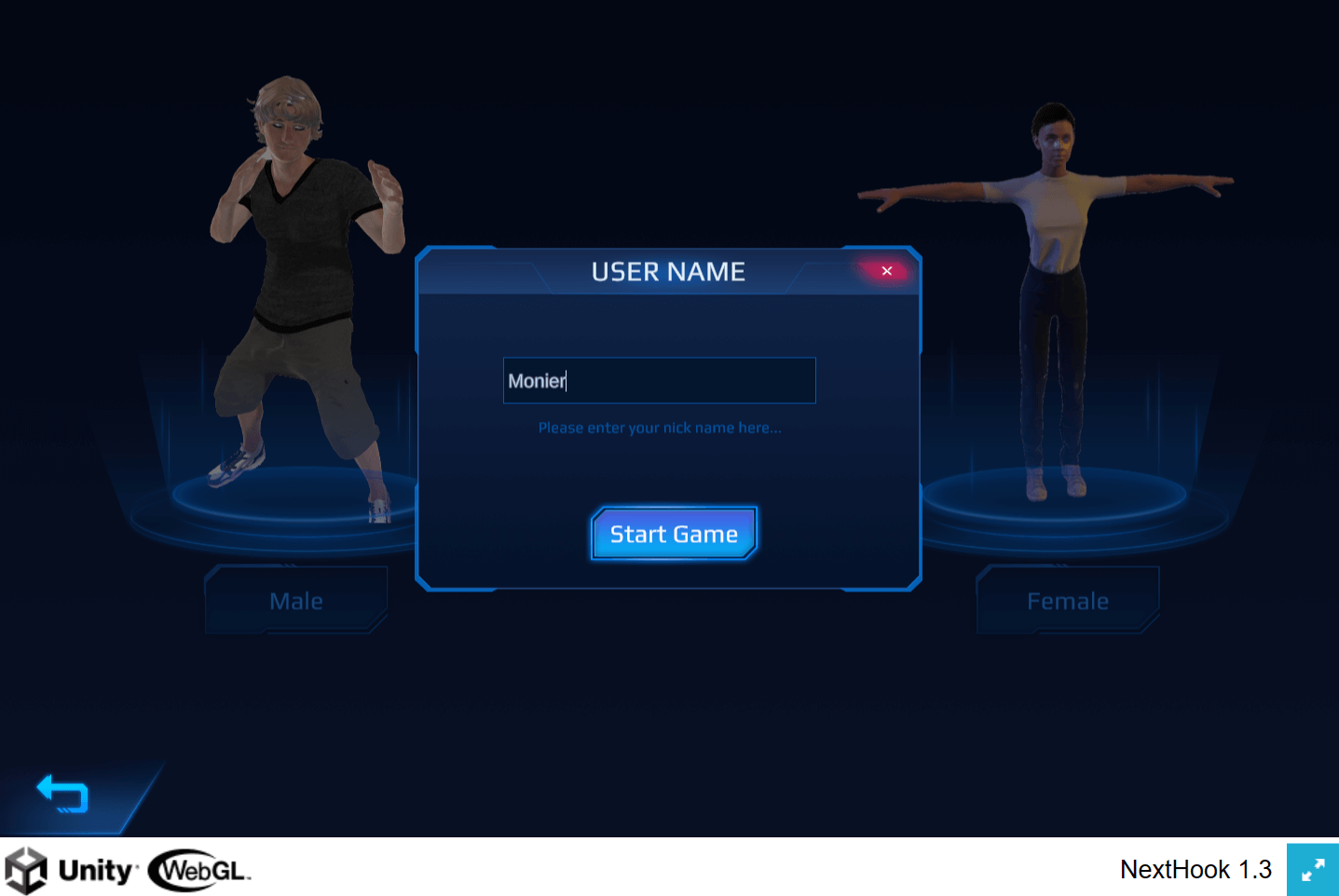 Character selection and player name screen in the WebGL game