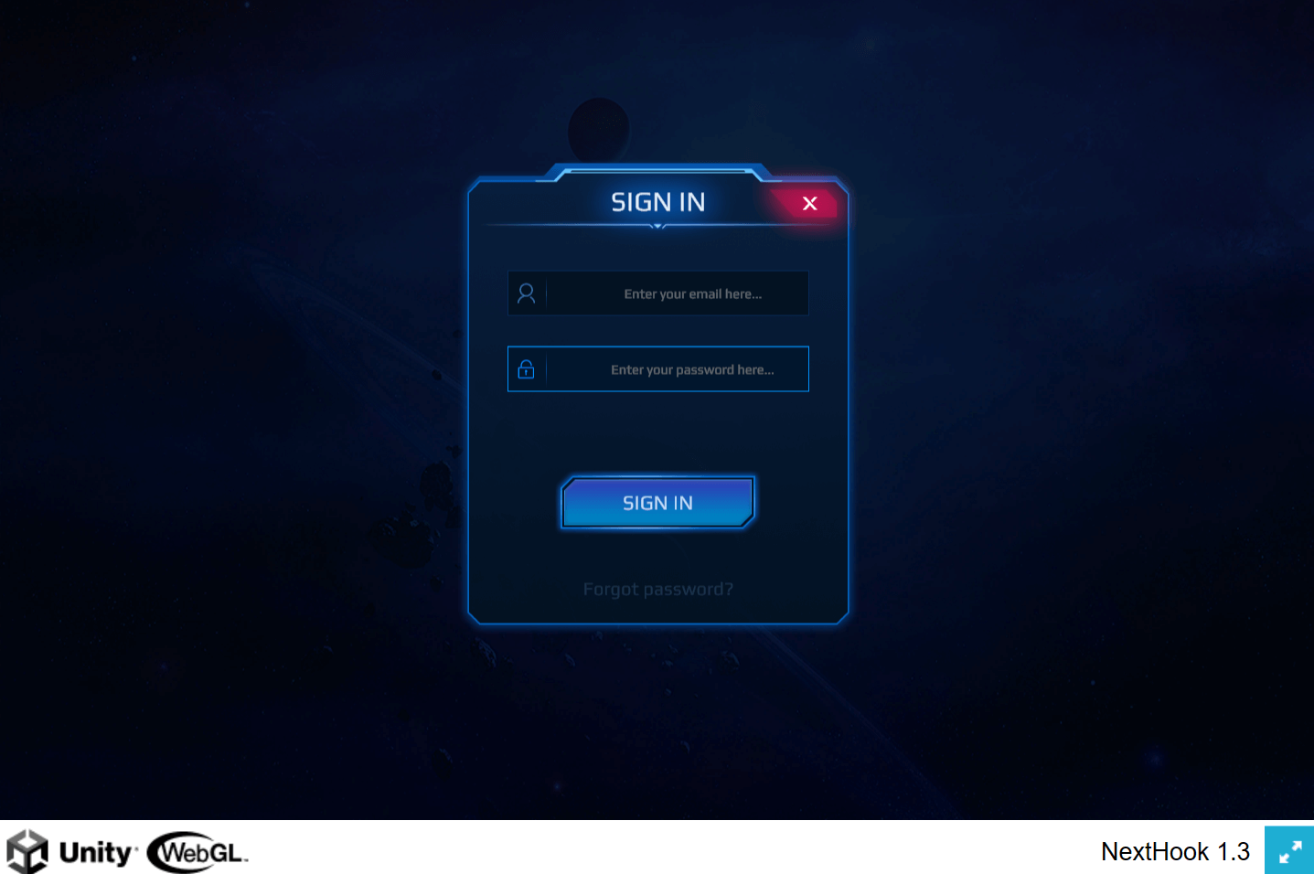 PlayFab email sign in screen in the WebGL build