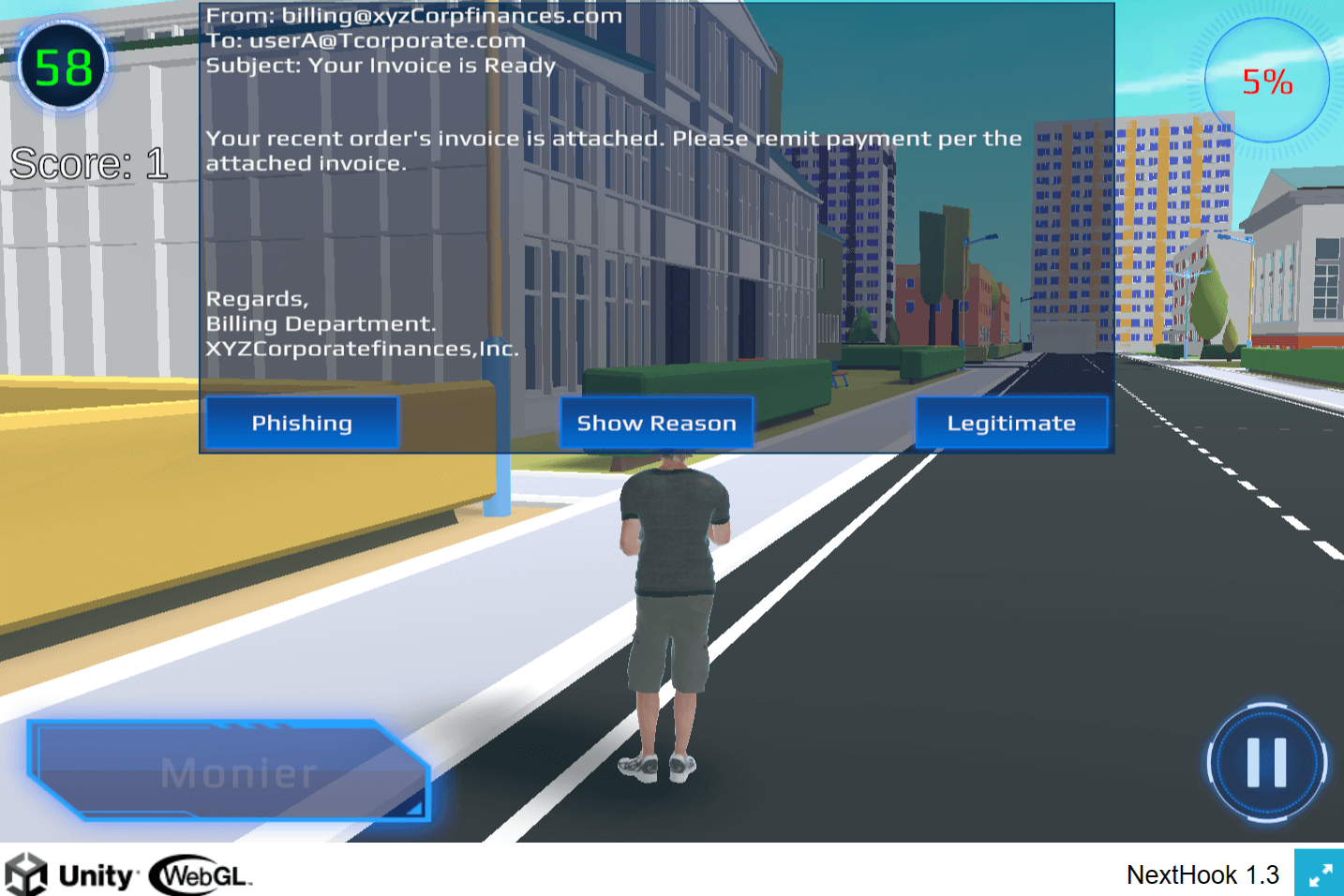 Phishing awareness game scene where the player judges a suspicious email